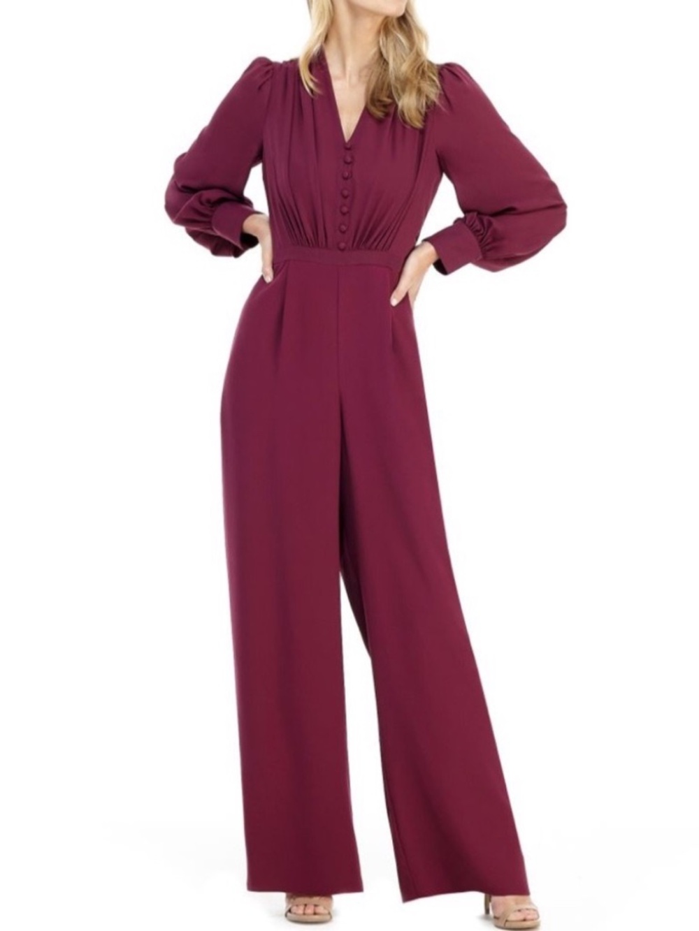 ✨NWT✨ GAL MEETS GLAM Jessamyn Button Wide Leg Jumpsuit In Boysenberry US 16